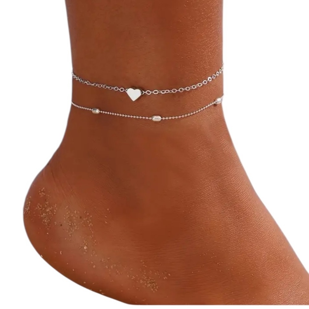 Double Strand Silver Anklet with Bead and Heart Accents